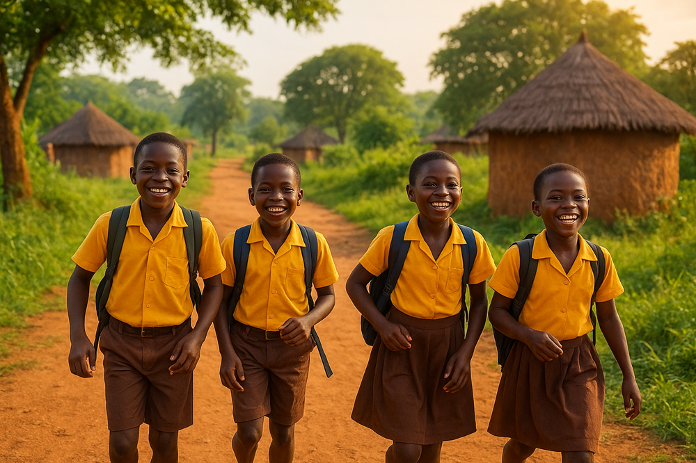 Happy Ghanaian children going to school